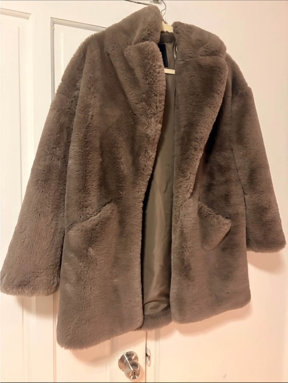 Zara Plush Teddy Faux Fur Coat in Taupe Brown